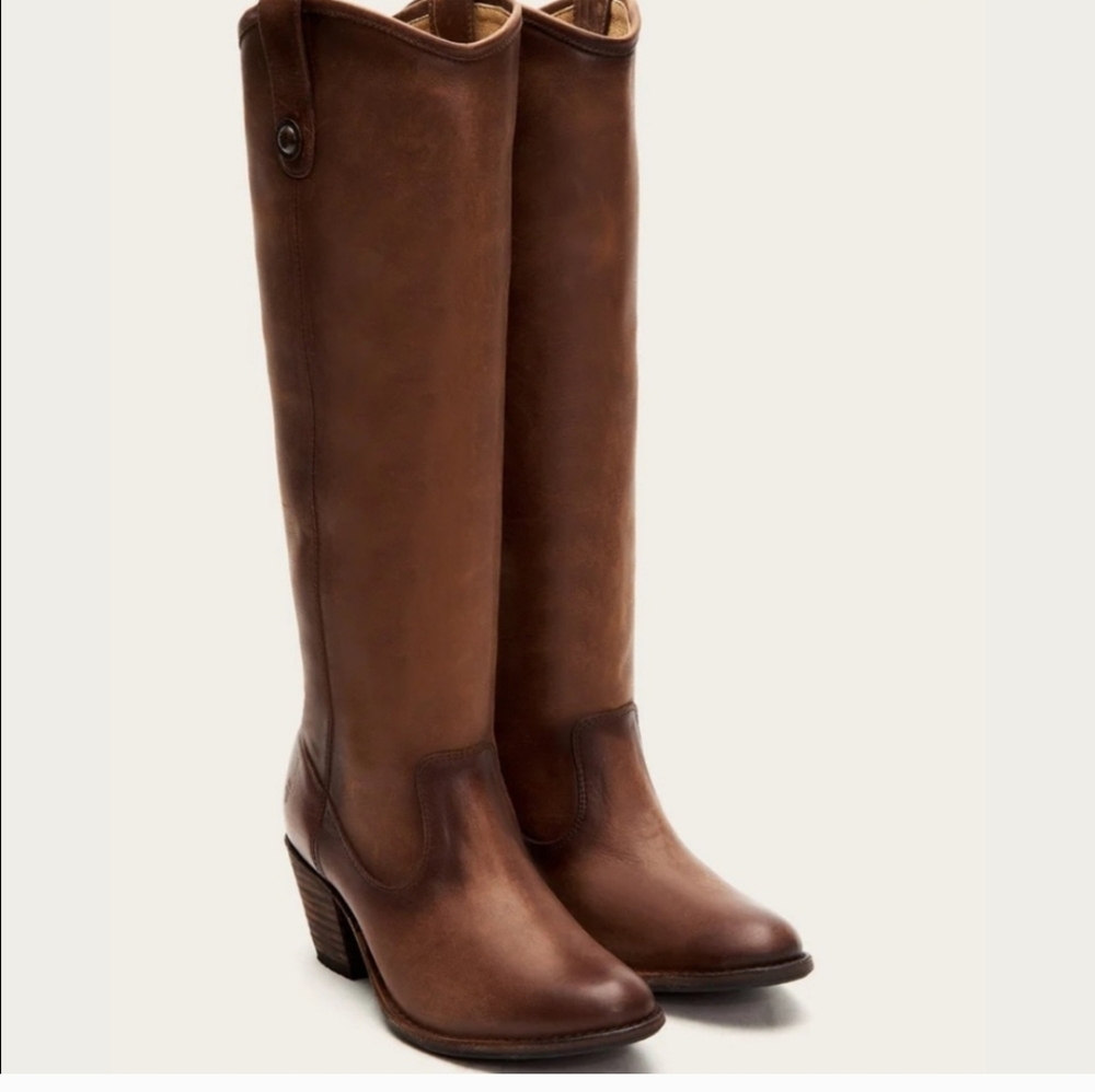 Frye Jackie Button Tall Boots 7.5 Cognac Brown Leather Western Riding - Picture 2 of 14